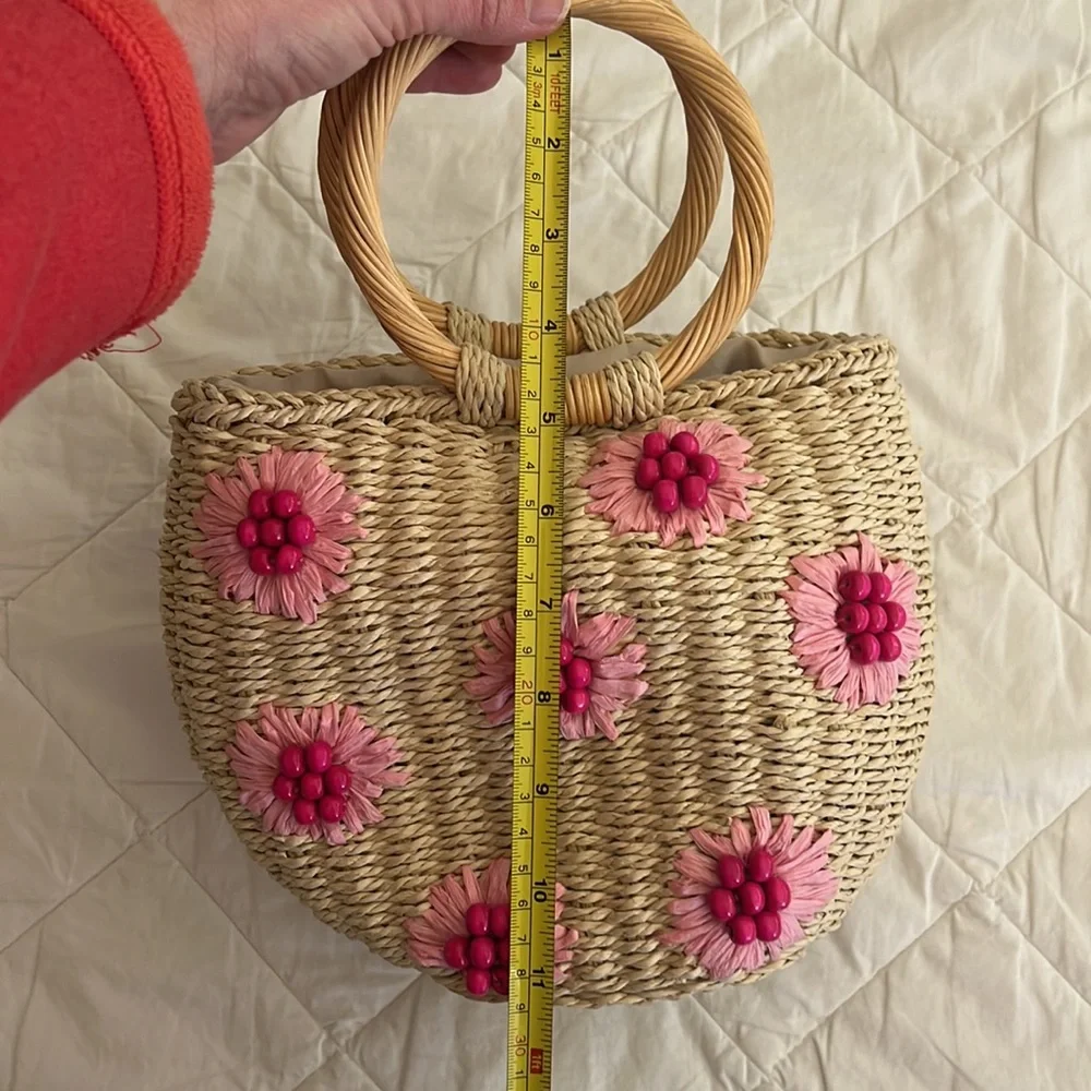 Urban Expressions Woven Straw Satchel with Pink Floral Accents